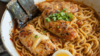 Fiery chicken ramen with creamy garlic sauce