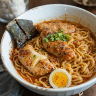 Fiery chicken ramen with creamy garlic sauce