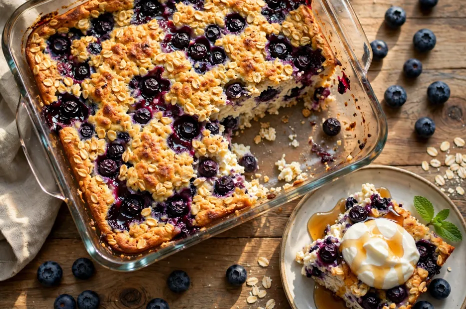 High protein blueberry cottage cheese oatmeal bake with a slice removed, topped with Greek yogurt and maple syrup.