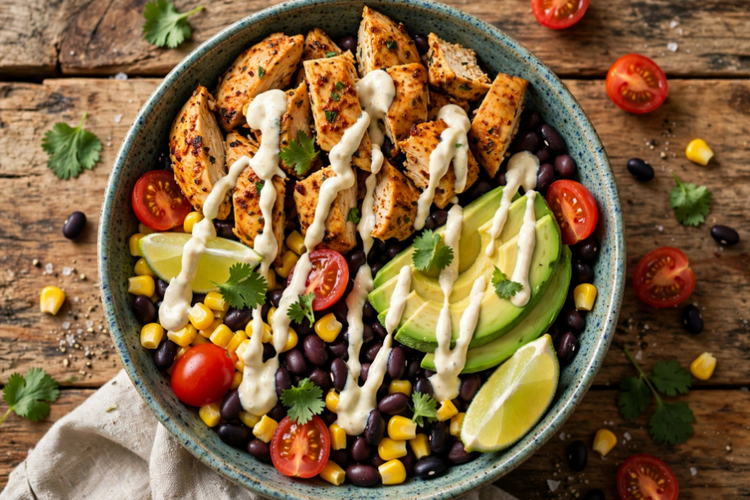 Healthy chicken taco bowl with cottage cheese sauce, rice, beans, and avocado