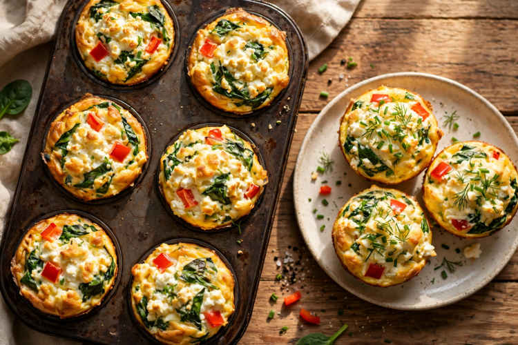 High protein cottage cheese egg muffins with spinach in a muffin tin